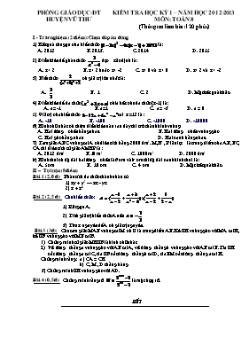 Kiểm tra học kỳ 1  Năm học 2012 - 2013 môn Toán 8